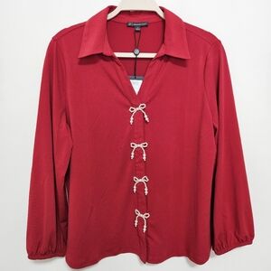 NWT‎ Adrianna Papell Womens V Neck Top Bow 3/4 Sleeve Preppy Red L